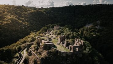 Drone view of the Schmidtburg castle ruins on the Soonwaldsteig in the Naheland