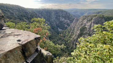 View from the Hexentanzplatz into the Bode Valley with Brocken in the distance on the Harzer-Hexen-Stieg in the Harz