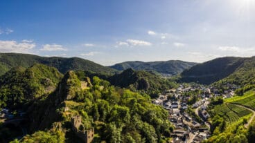 A panoramic view of Burg Are and the village of Altenahr below it in the Ahr Valley