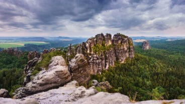 A view of the Schrammsteine rock formations from the Schrammstein viewpoint