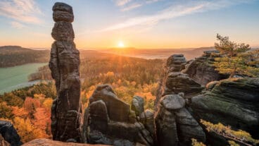 Sunrise over the rock formations of the Pfaffenstein