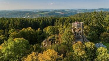 An aerial view of the Dietzenley viewing tower surrounded by forest and hill landscape