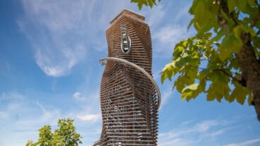 The Harzturm tower in Torfhaus with its encircling slide and skywalk bridge