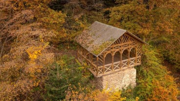 An aerial view of the Balduinshütte in the Lieser valley near Manderschied